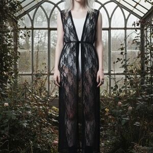 Elegant Sheer Black Lace Robe